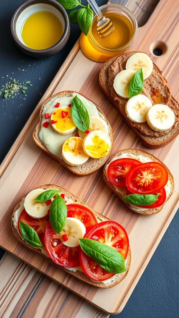 Three Delicious Toast Recipes Three types of toast: avocado toast with red pepper flakes, nut butter banana toast with honey, and tomato basil toast with olive oil.